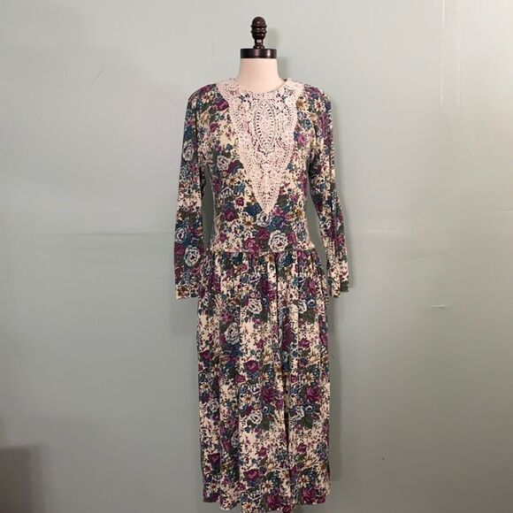 Vintage Floral Lace Victorian Inspired Midi Dress - Picture 1 of 5